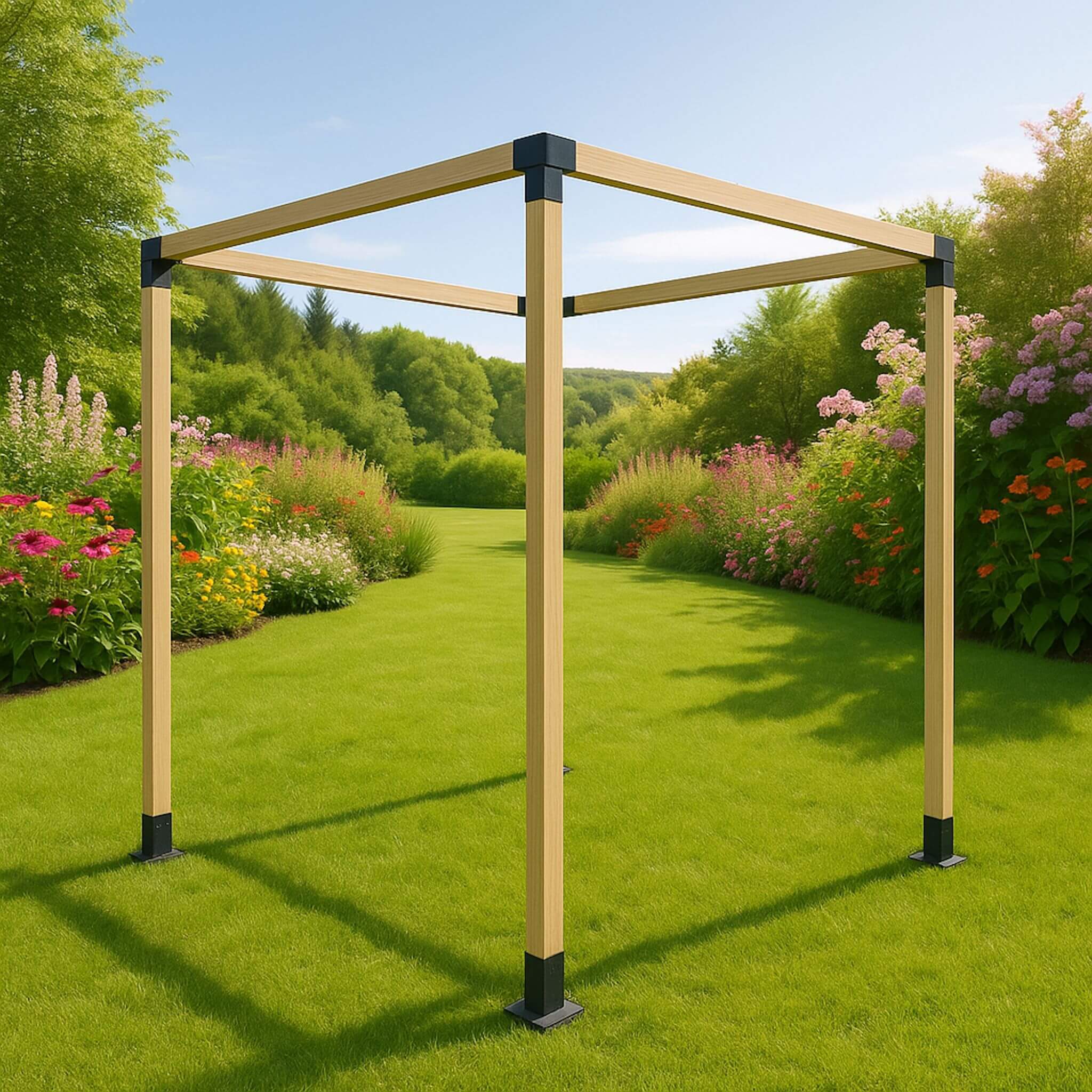 Minimalist WOODLIO Simple Form 7 pergola frame on a garden lawn, surrounded by colorful flowering plants and greenery.